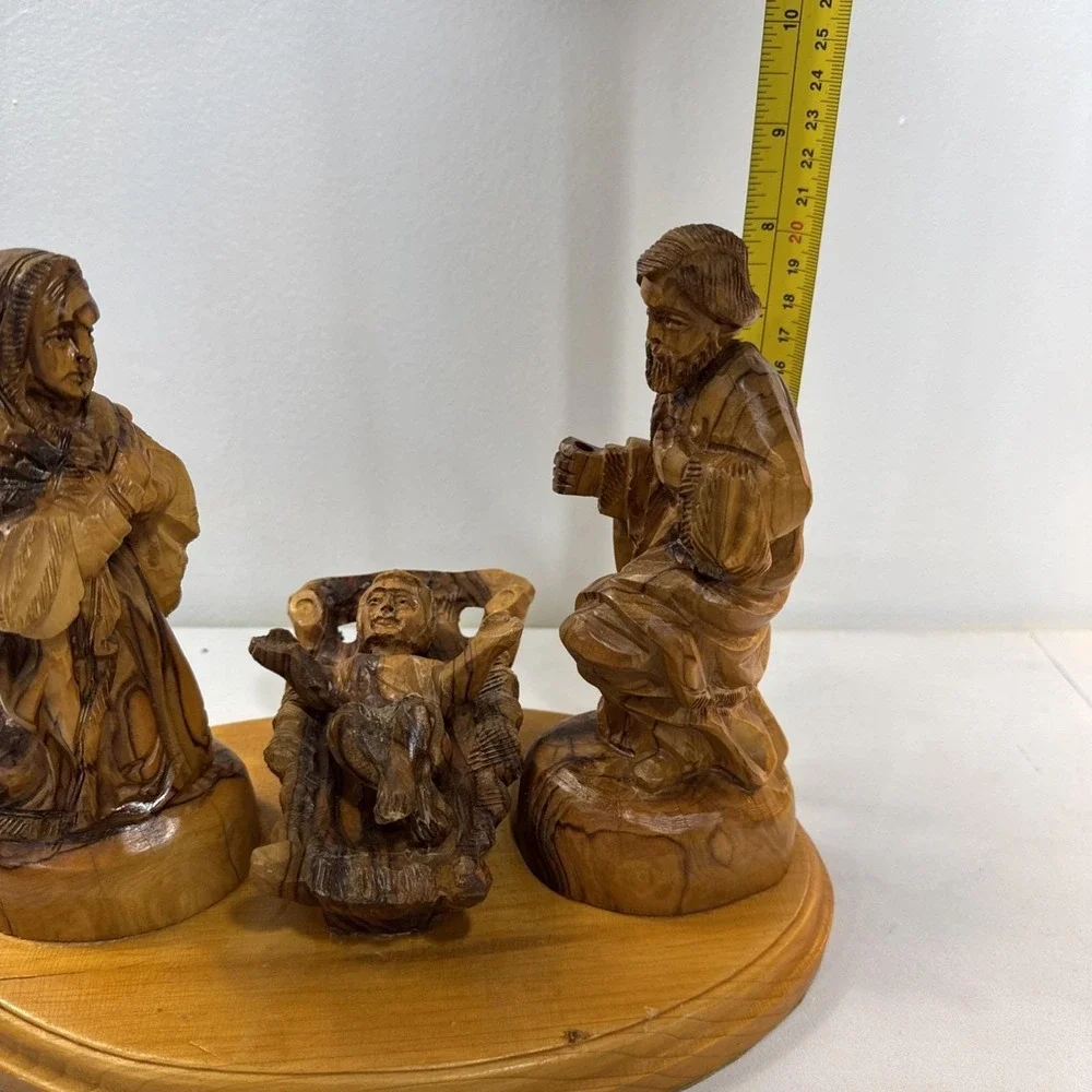 Hand Carved Olive Wood Nativity Scene Holy Family Manger Set on Wooden Base